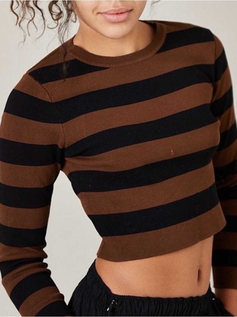 Zara Black and Brown Striped Cropped Knit Top
